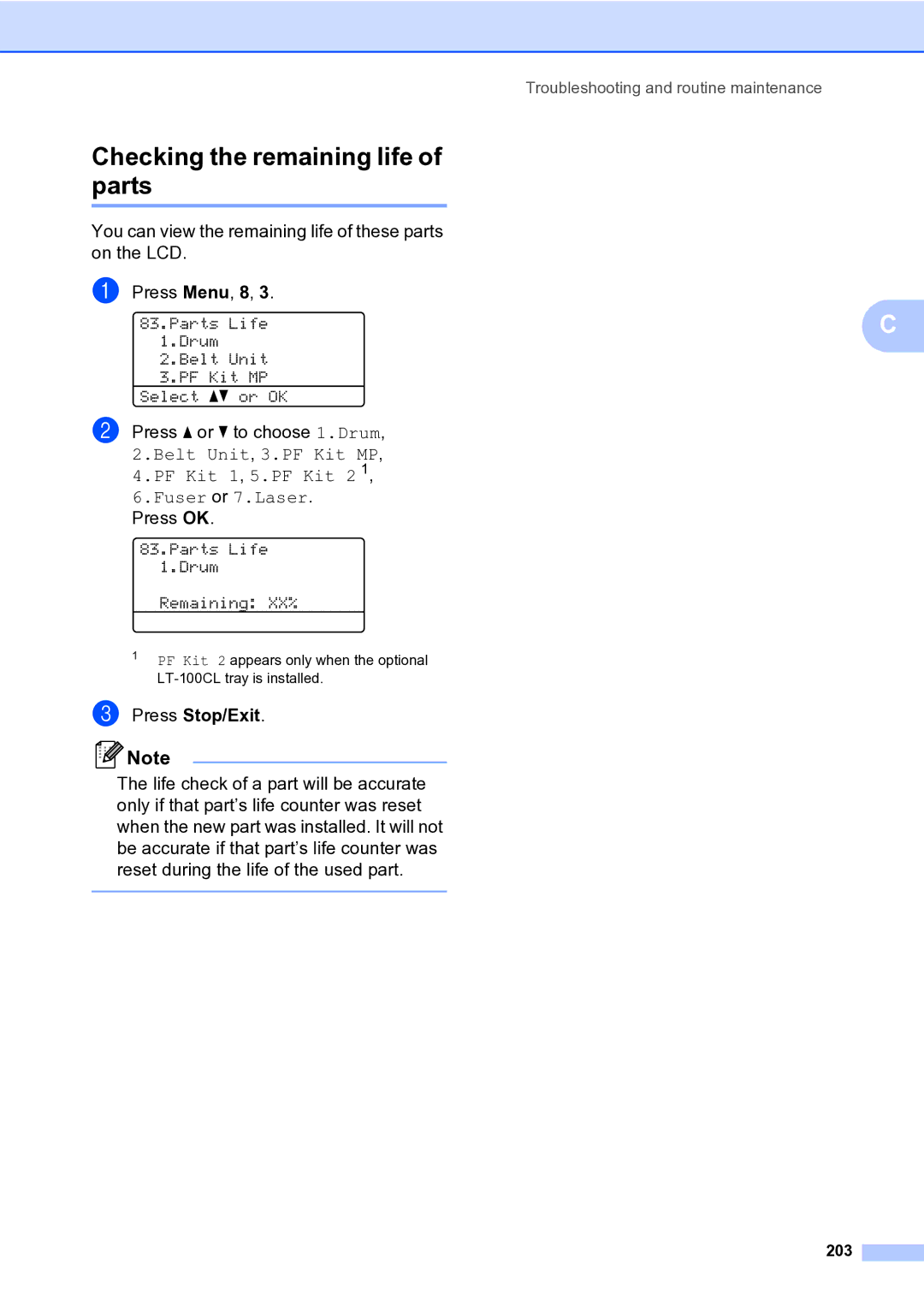 Brother MFC-9840CDW manual Checking the remaining life of parts, 203 