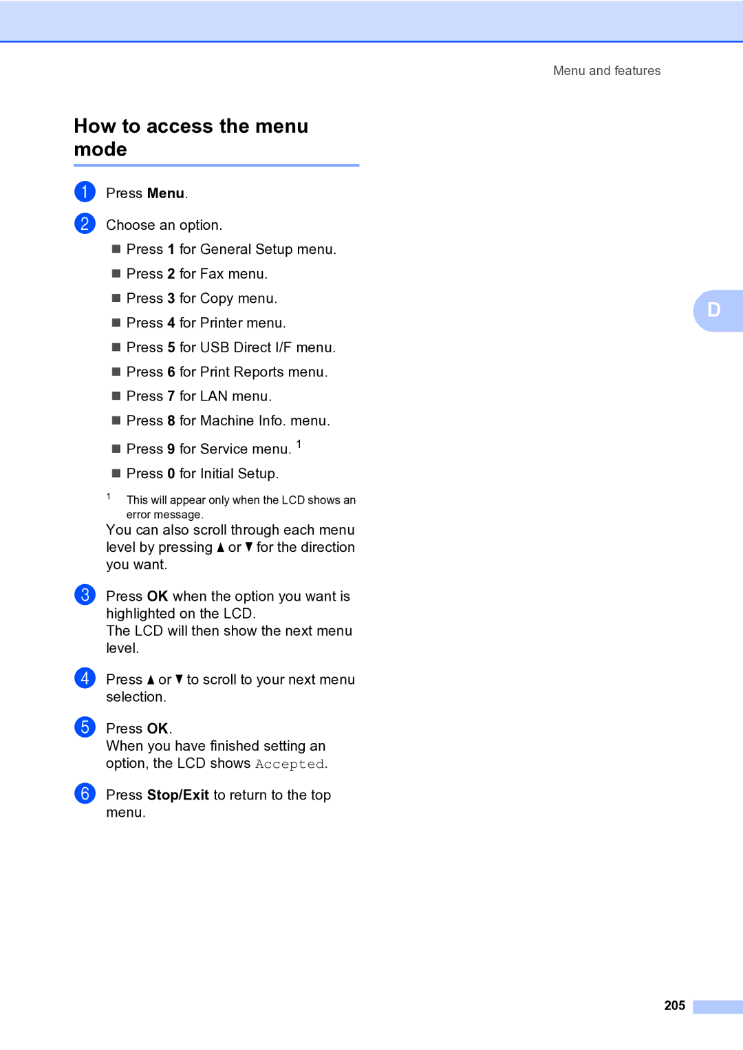 Brother MFC-9840CDW manual How to access the menu mode, 205 