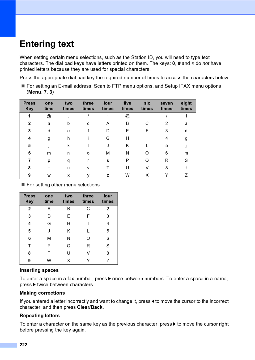 Brother MFC-9840CDW manual Entering text, Inserting spaces, Making corrections, Repeating letters 