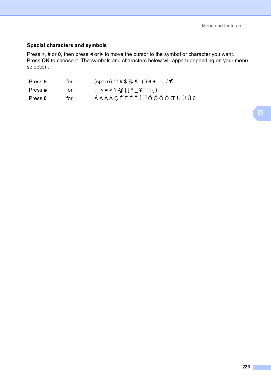 Brother MFC-9840CDW manual Special characters and symbols, 223 