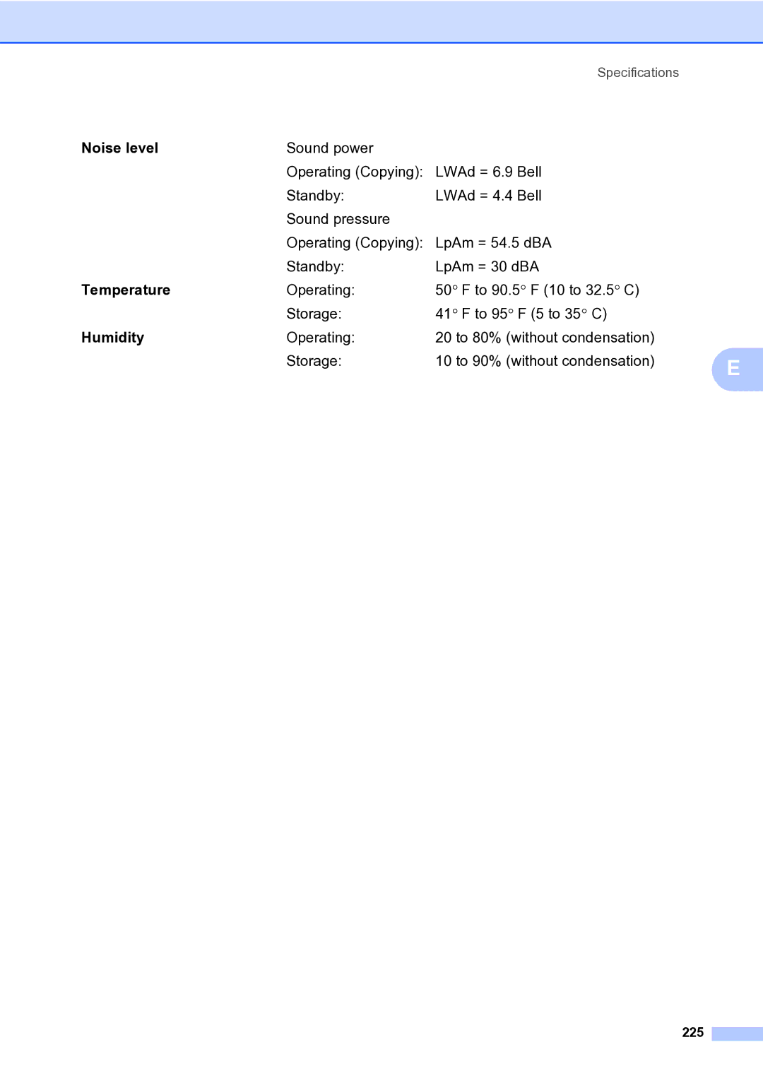 Brother MFC-9840CDW manual Noise level, Temperature, Humidity, 225 