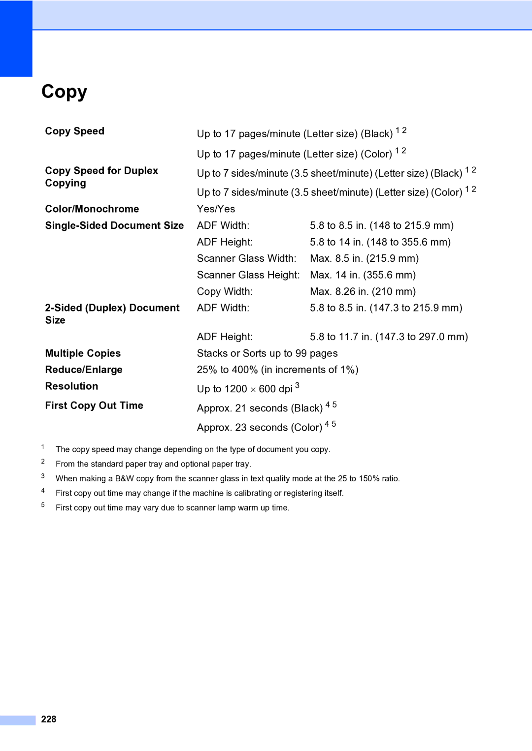 Brother MFC-9840CDW manual Copy Speed Copy Speed for Duplex Copying, Color/Monochrome Single-Sided Document Size, 228 