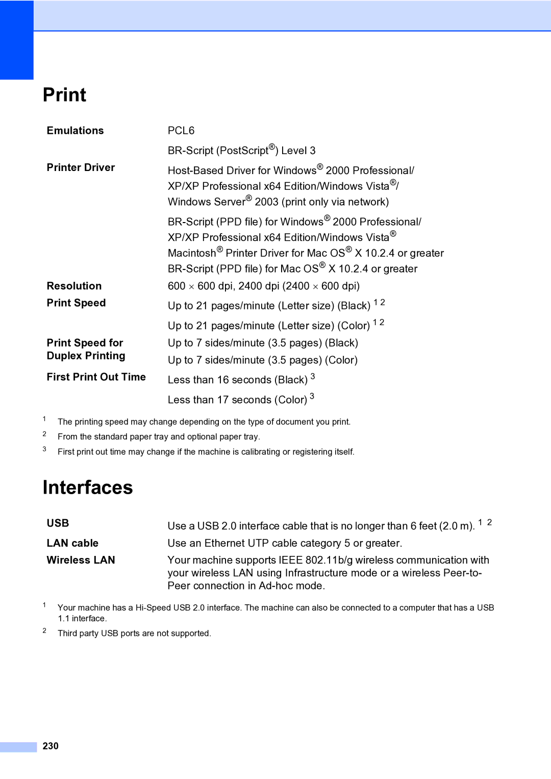 Brother MFC-9840CDW manual Print, Interfaces, LAN cable Wireless LAN, 230 