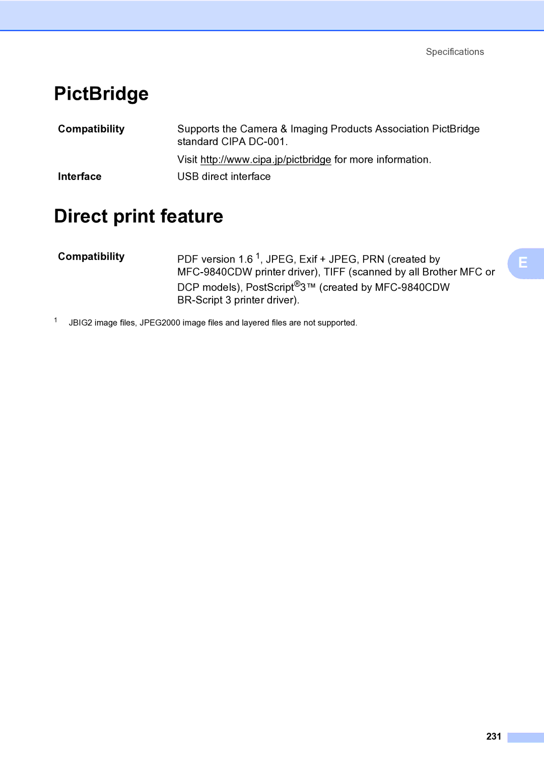 Brother MFC-9840CDW manual Direct print feature, Interface, 231 