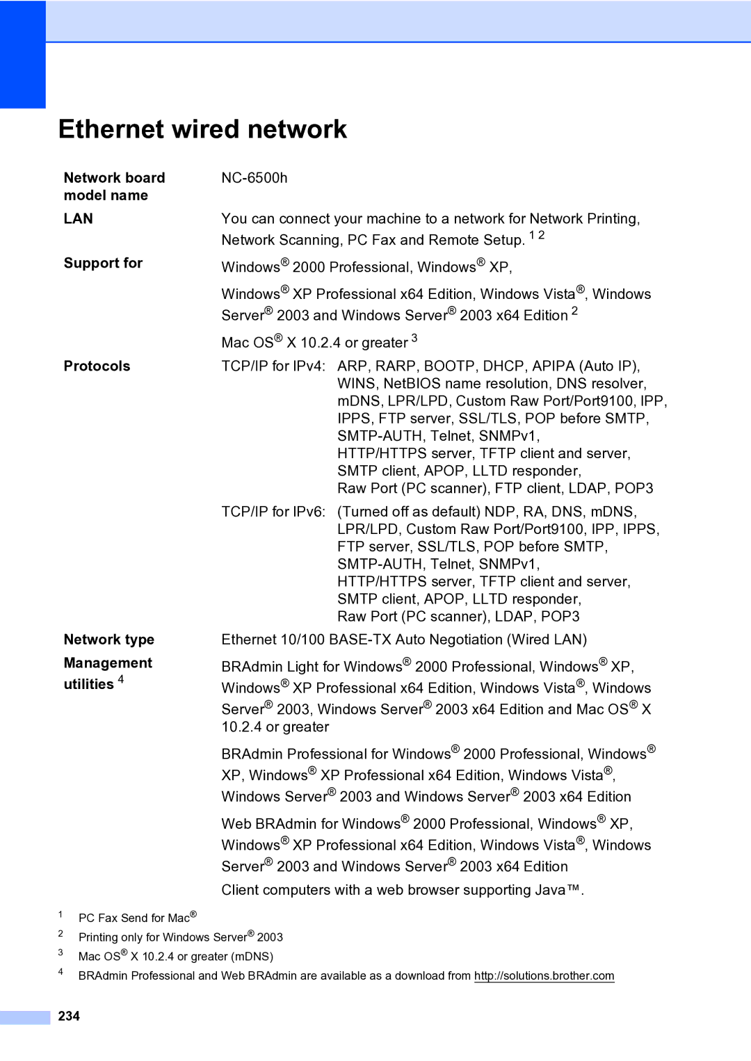 Brother MFC-9840CDW manual Ethernet wired network, Network board model name, 234 