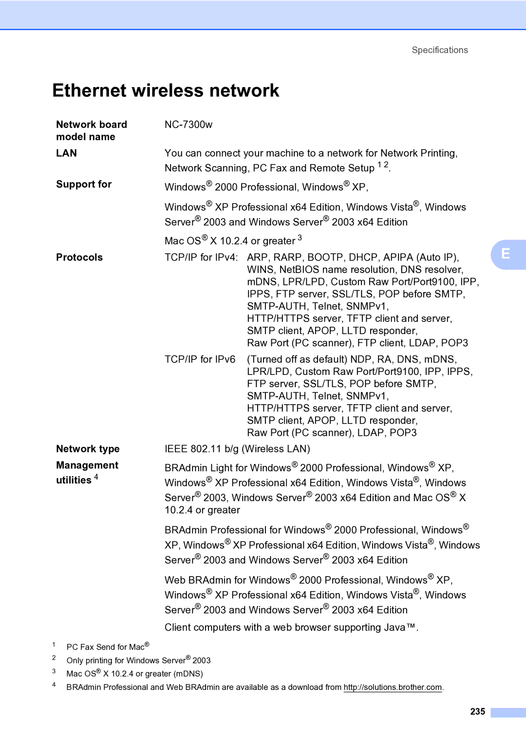 Brother MFC-9840CDW manual Ethernet wireless network, 235 