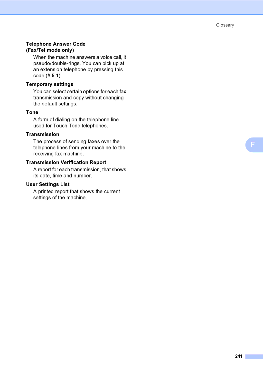 Brother MFC-9840CDW Telephone Answer Code Fax/Tel mode only, Temporary settings, Tone, Transmission, User Settings List 