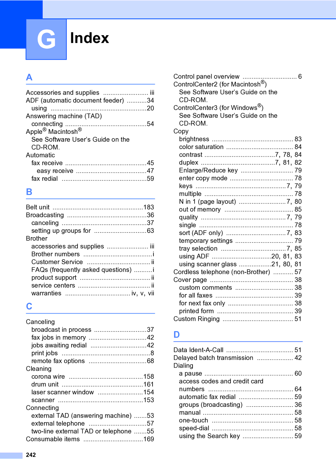 Brother MFC-9840CDW manual Index, 242 