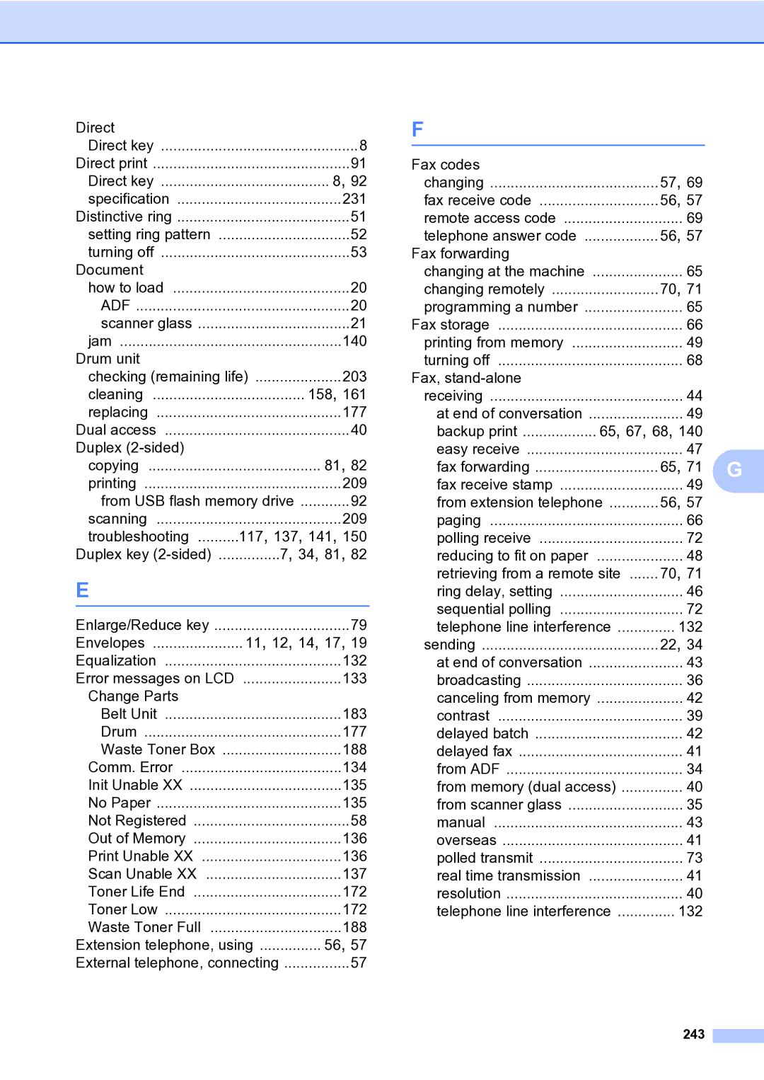 Brother MFC-9840CDW manual Telephone answer code Fax forwarding, 243 