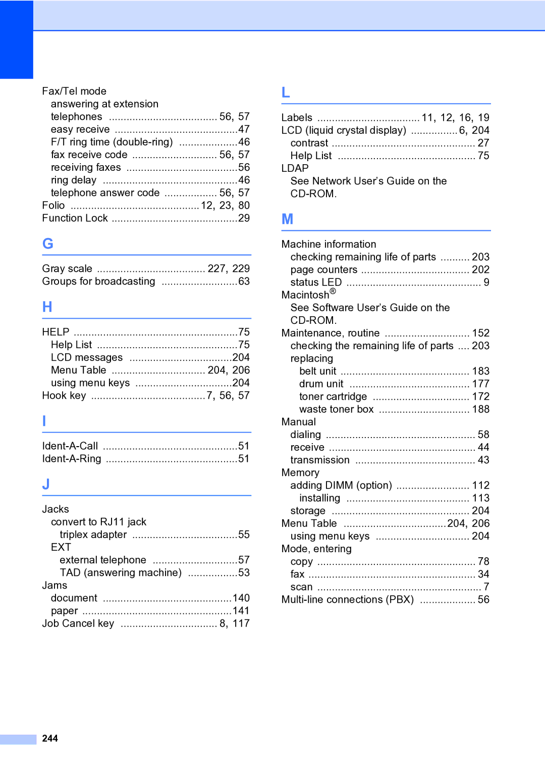 Brother MFC-9840CDW manual Fax/Tel mode Answering at extension, 244 