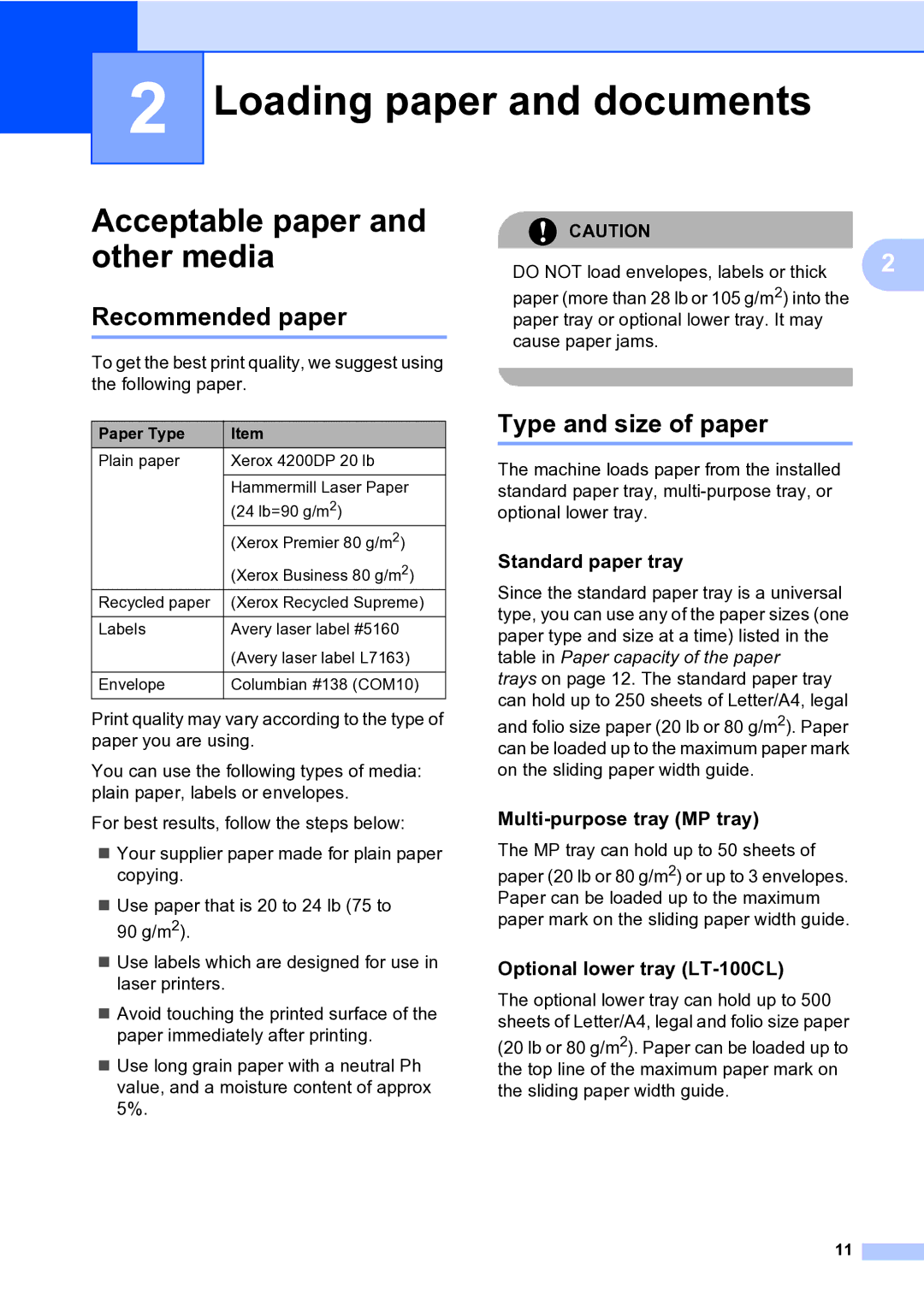 Brother MFC-9840CDW manual Loading paper and documents, Acceptable paper and other media, Recommended paper 