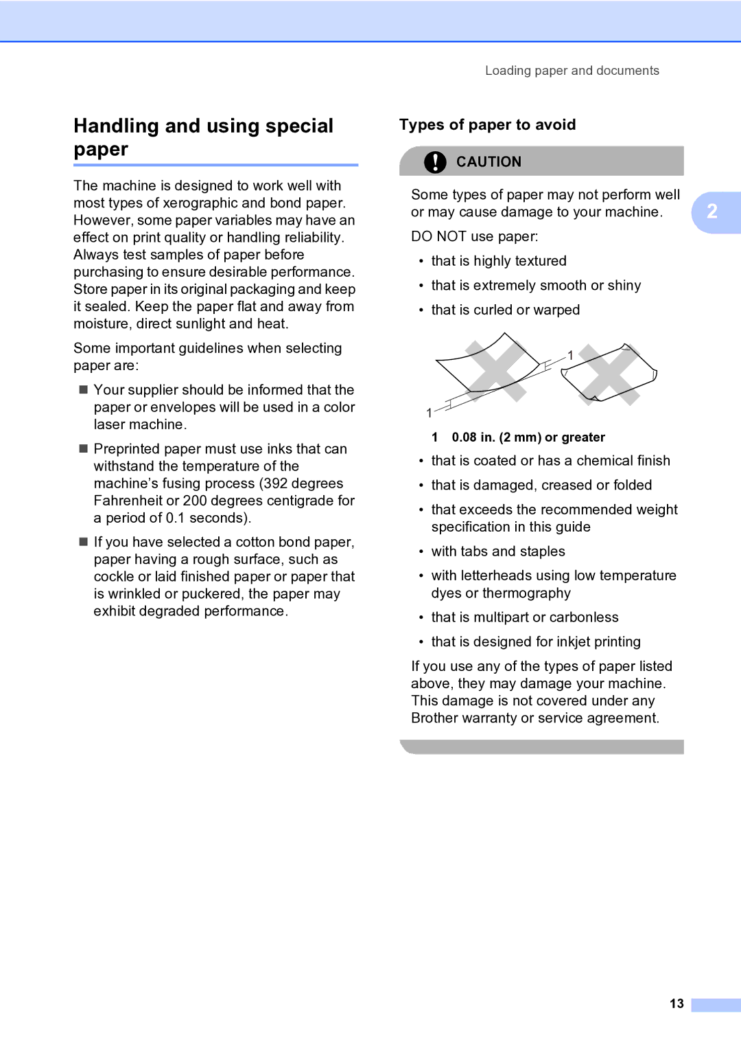 Brother MFC-9840CDW manual Handling and using special paper, Types of paper to avoid, Mm or greater 