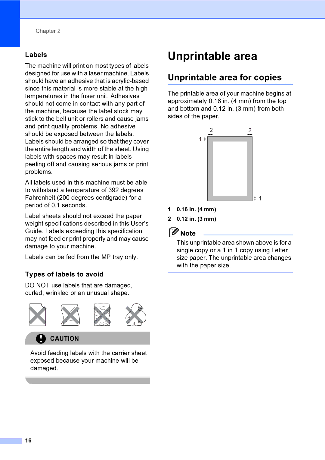 Brother MFC-9840CDW manual Unprintable area for copies, Labels, Types of labels to avoid 