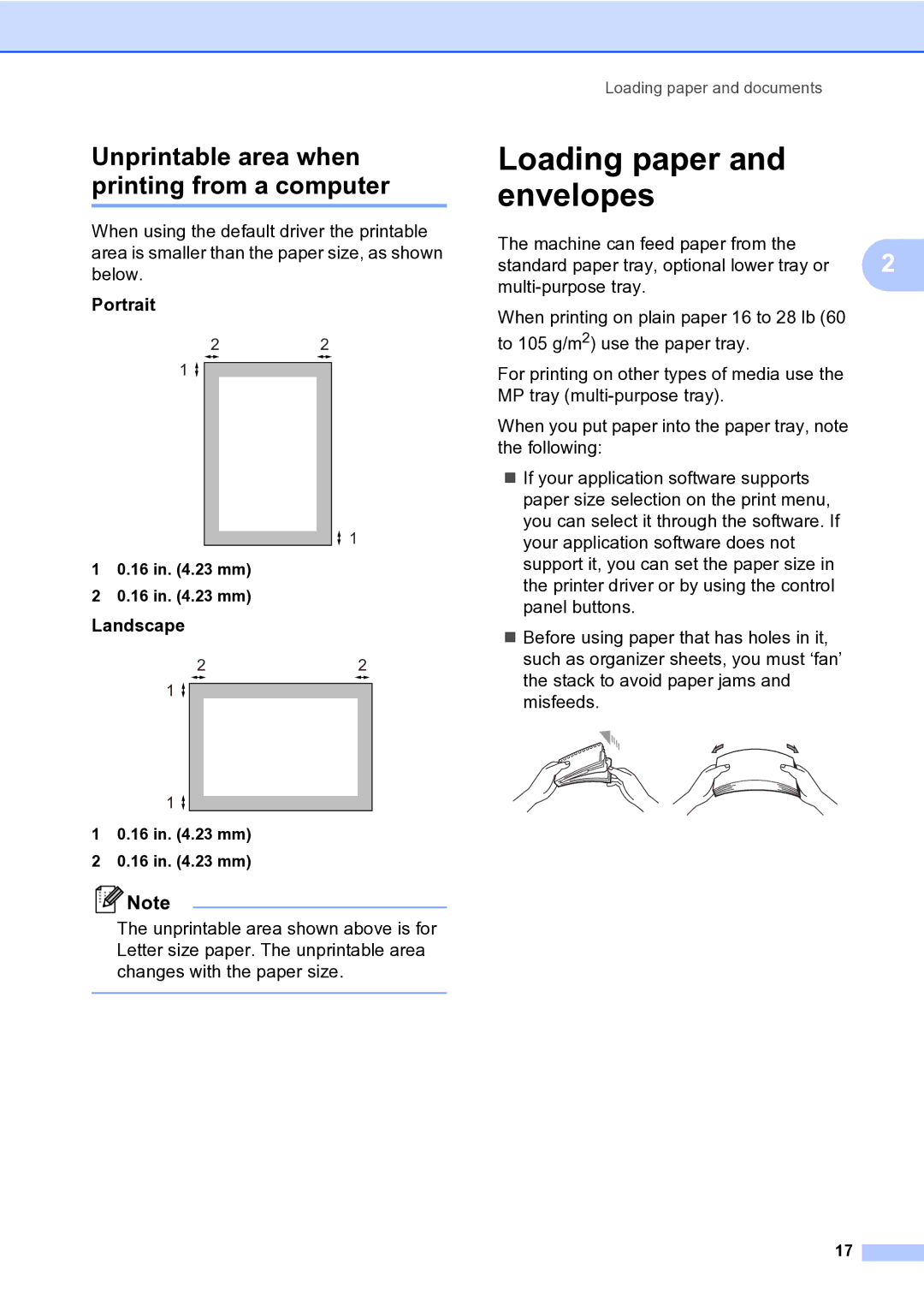 Brother MFC-9840CDW manual Loading paper and envelopes, Portrait, Landscape, 16 in .23 mm 