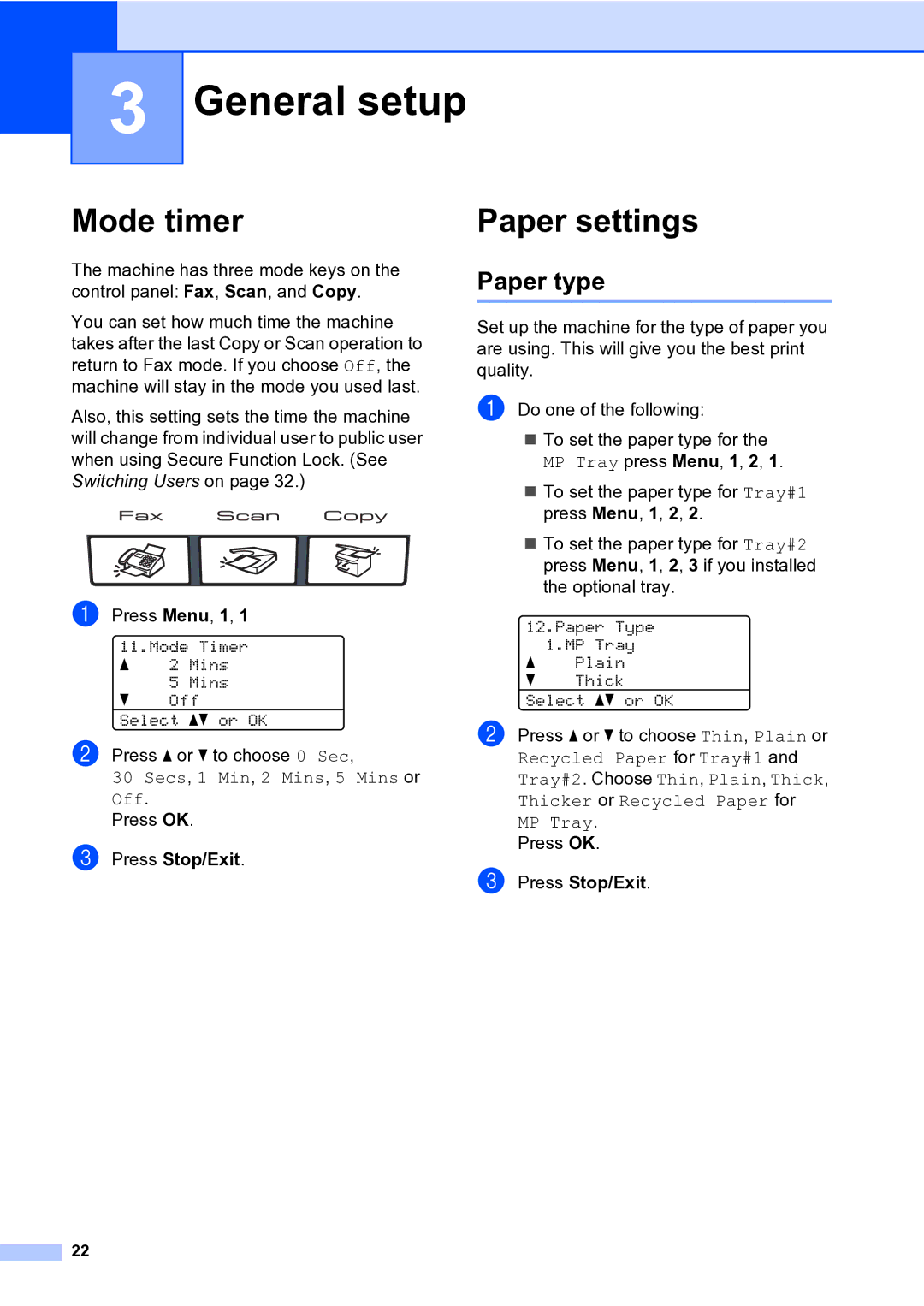 Brother MFC-9840CDW manual General setup, Mode timer, Paper settings, Paper type, Press Stop/Exit 