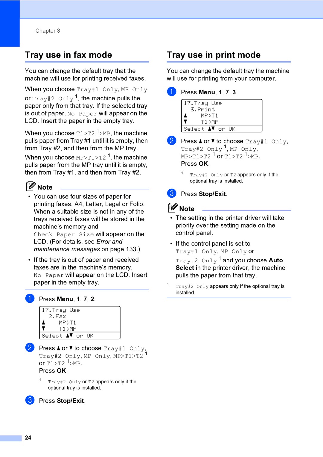 Brother MFC-9840CDW manual Tray use in fax mode, Tray use in print mode 