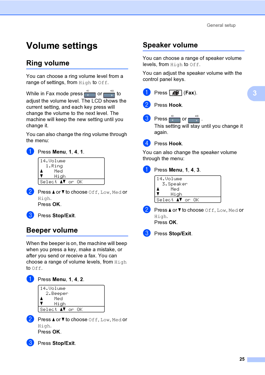 Brother MFC-9840CDW manual Volume settings, Ring volume, Beeper volume, Speaker volume 