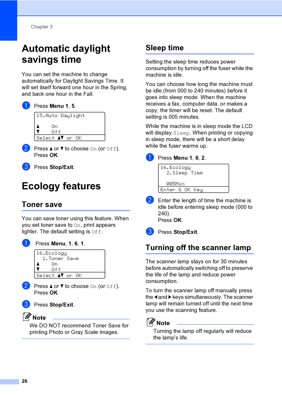 Brother MFC-9840CDW manual Automatic daylight savings time, Ecology features, Toner save, Sleep time 