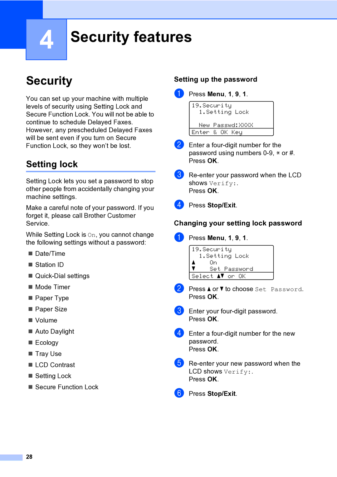 Brother MFC-9840CDW manual Security features, Setting lock, Setting up the password, Changing your setting lock password 