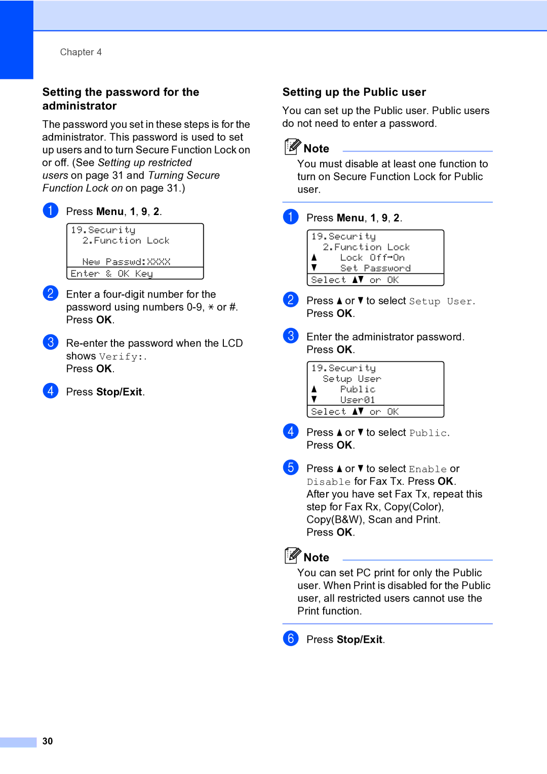 Brother MFC-9840CDW manual Setting the password for the administrator, Setting up the Public user 