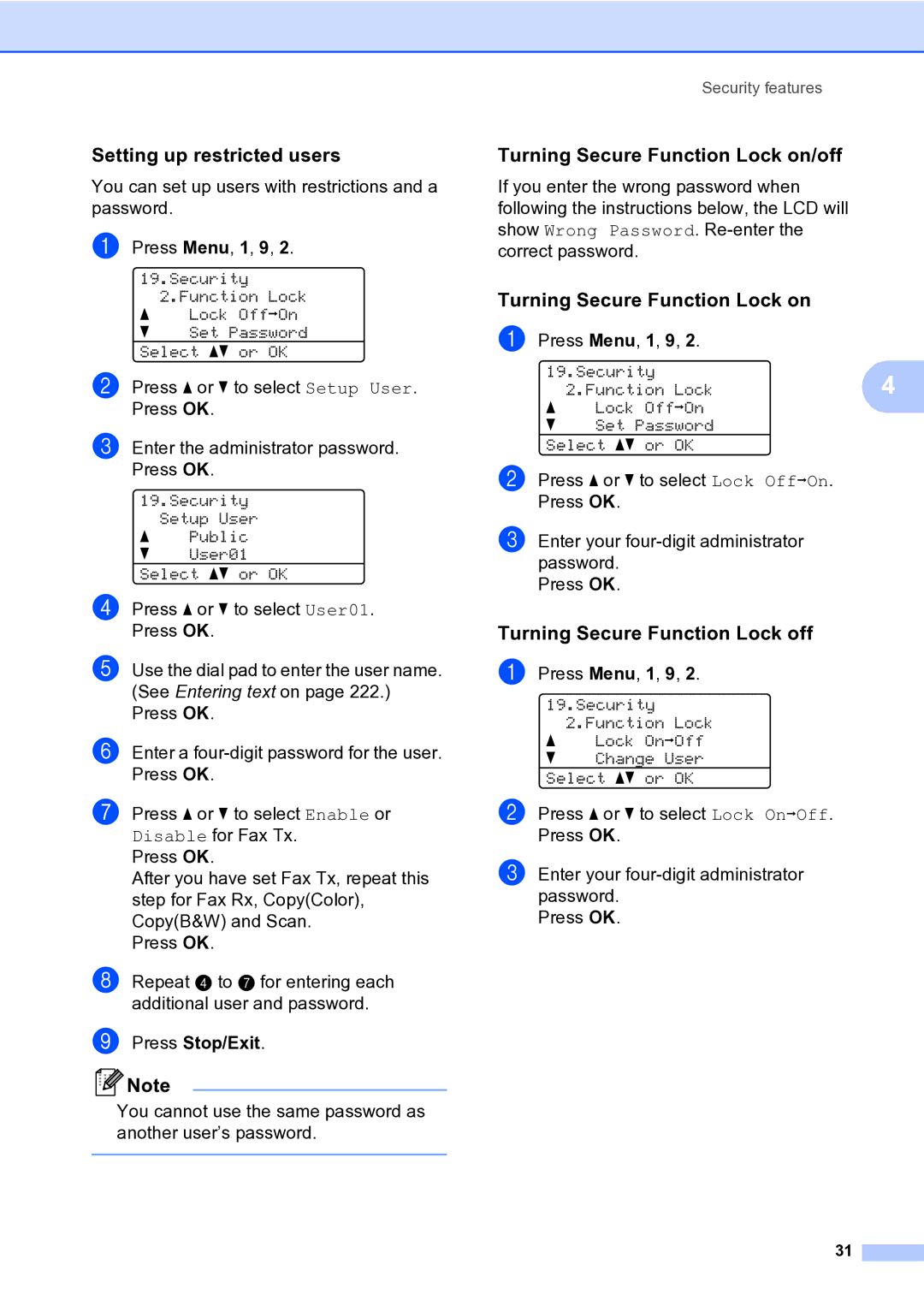 Brother MFC-9840CDW Setting up restricted users, Turning Secure Function Lock on/off, Turning Secure Function Lock off 