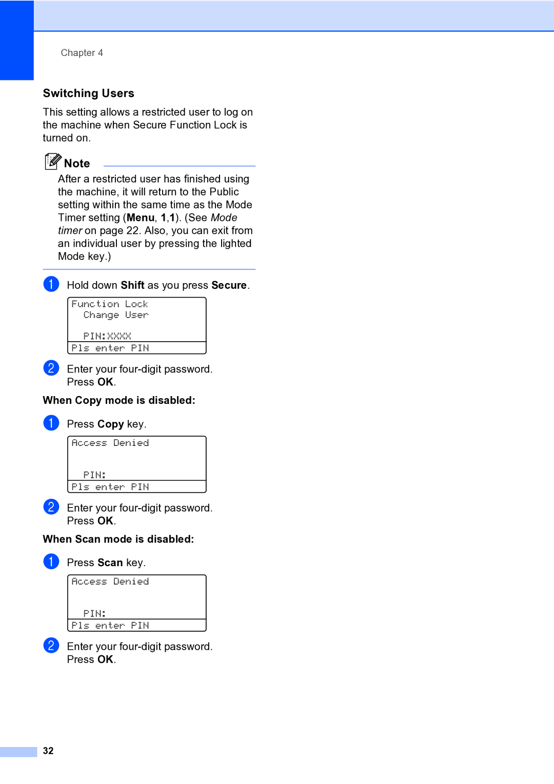 Brother MFC-9840CDW manual Switching Users, When Copy mode is disabled, When Scan mode is disabled 