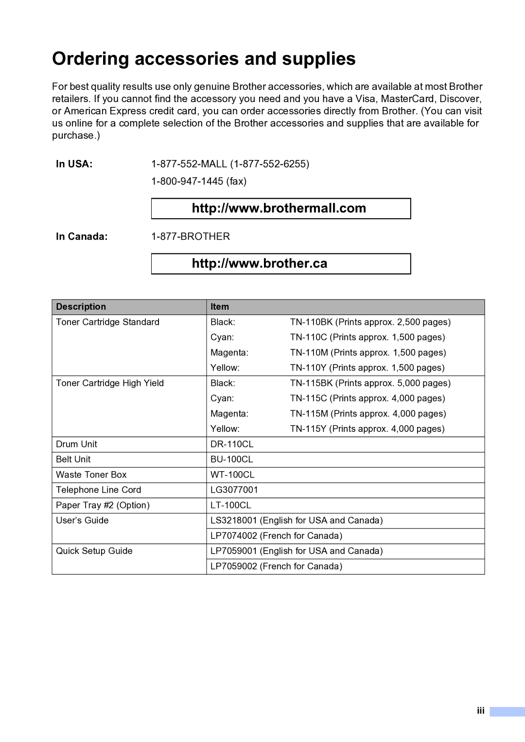 Brother MFC-9840CDW manual Ordering accessories and supplies, Canada, Description, Iii 