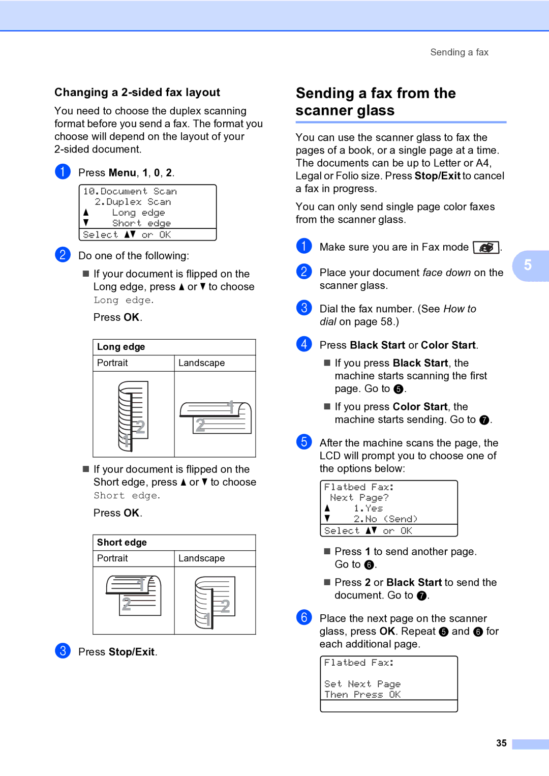 Brother MFC-9840CDW manual Sending a fax from the scanner glass, Changing a 2-sided fax layout, Long edge, Short edge 