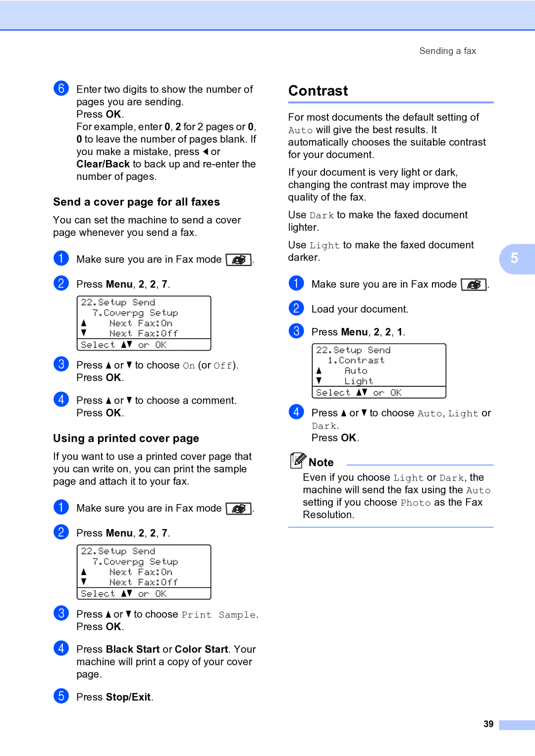 Brother MFC-9840CDW manual Contrast, Send a cover page for all faxes, Using a printed cover 