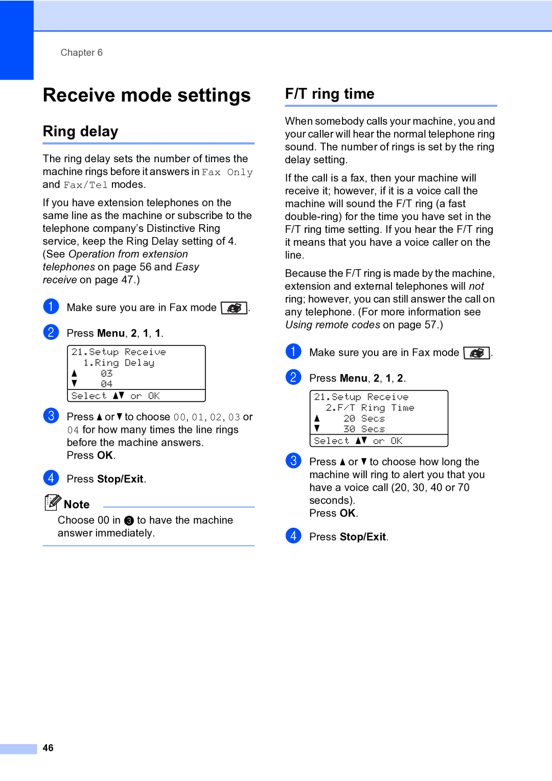 Brother MFC-9840CDW manual Receive mode settings, Ring delay, Ring time 