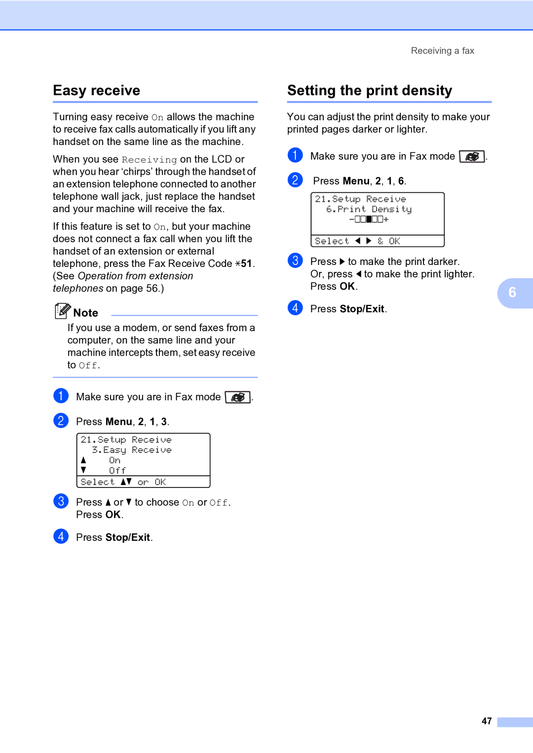 Brother MFC-9840CDW manual Easy receive, Setting the print density 