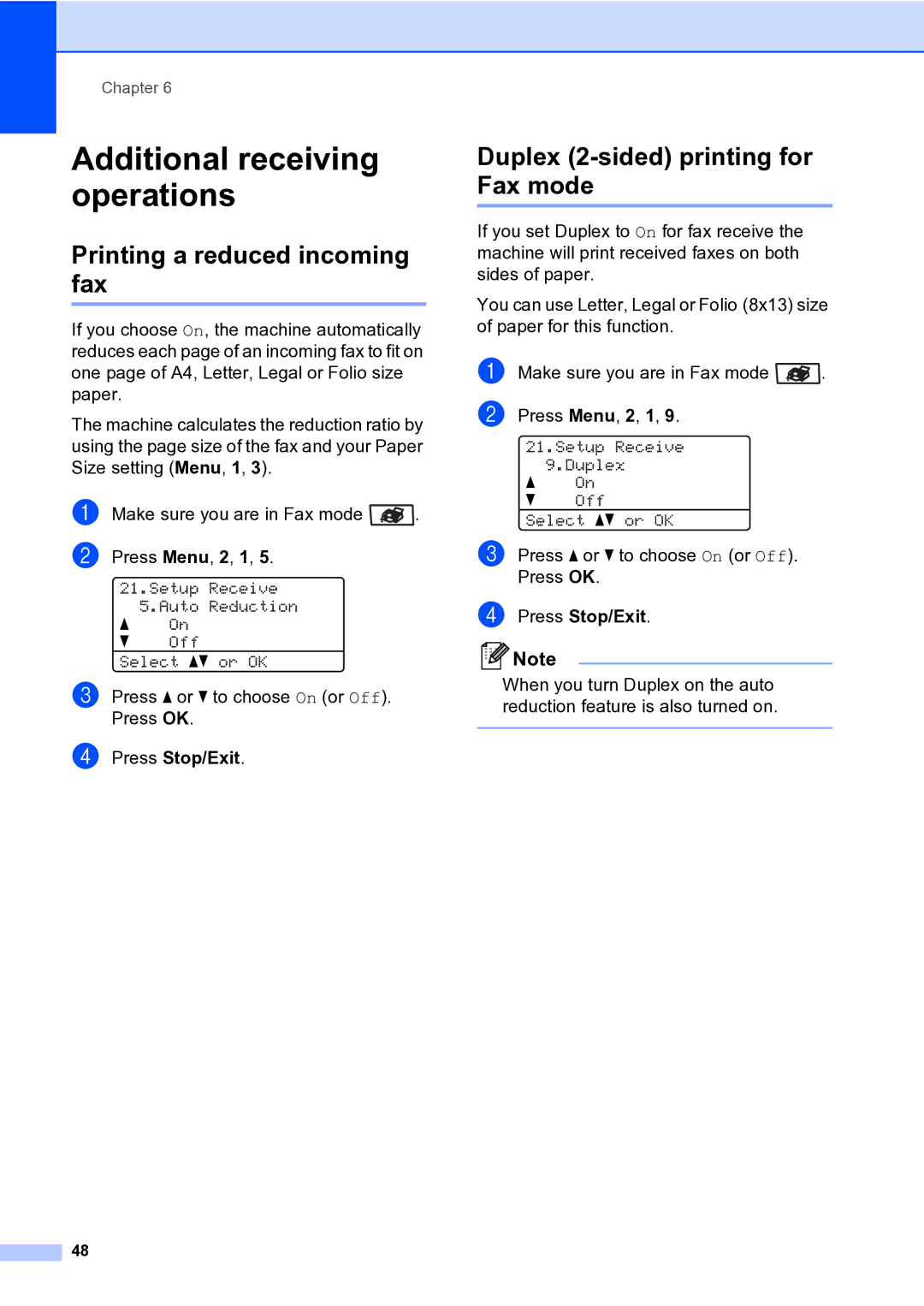 Brother MFC-9840CDW Additional receiving operations, Printing a reduced incoming fax, Duplex 2-sided printing for Fax mode 