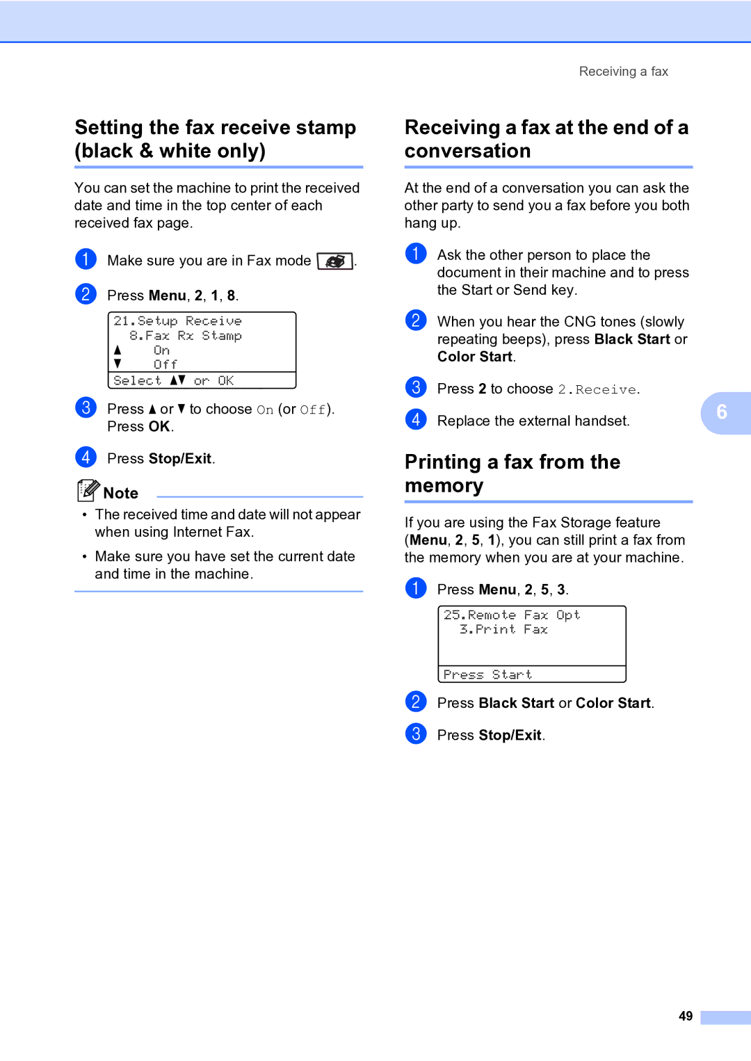 Brother MFC-9840CDW manual Setting the fax receive stamp black & white only, Receiving a fax at the end of a conversation 