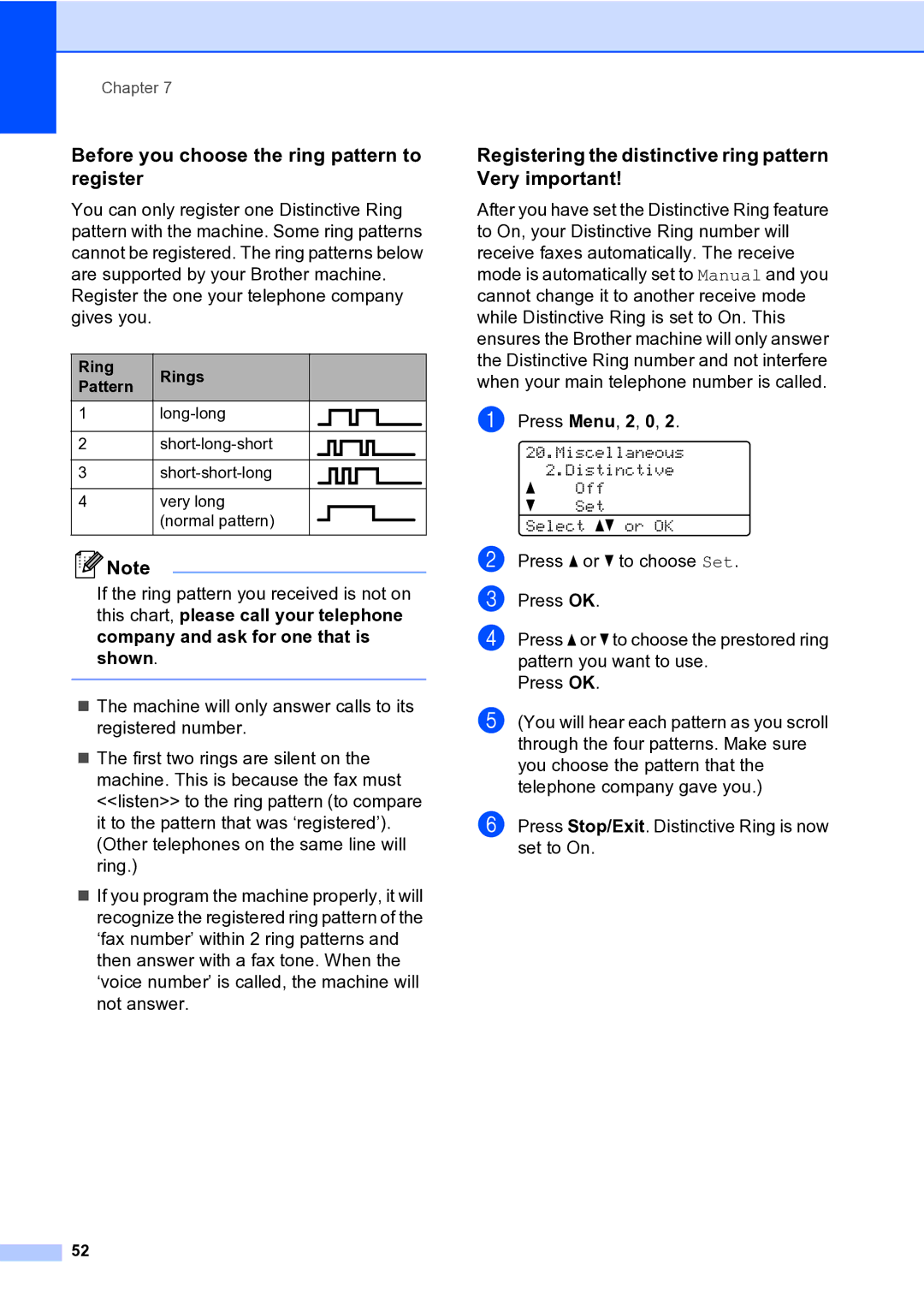 Brother MFC-9840CDW manual Before you choose the ring pattern to register, Ring Rings Pattern 