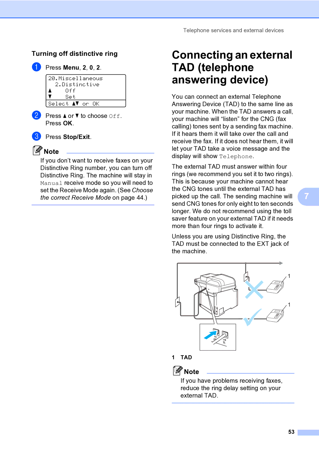 Brother MFC-9840CDW manual Connecting an external TAD telephone answering device, Turning off distinctive ring 