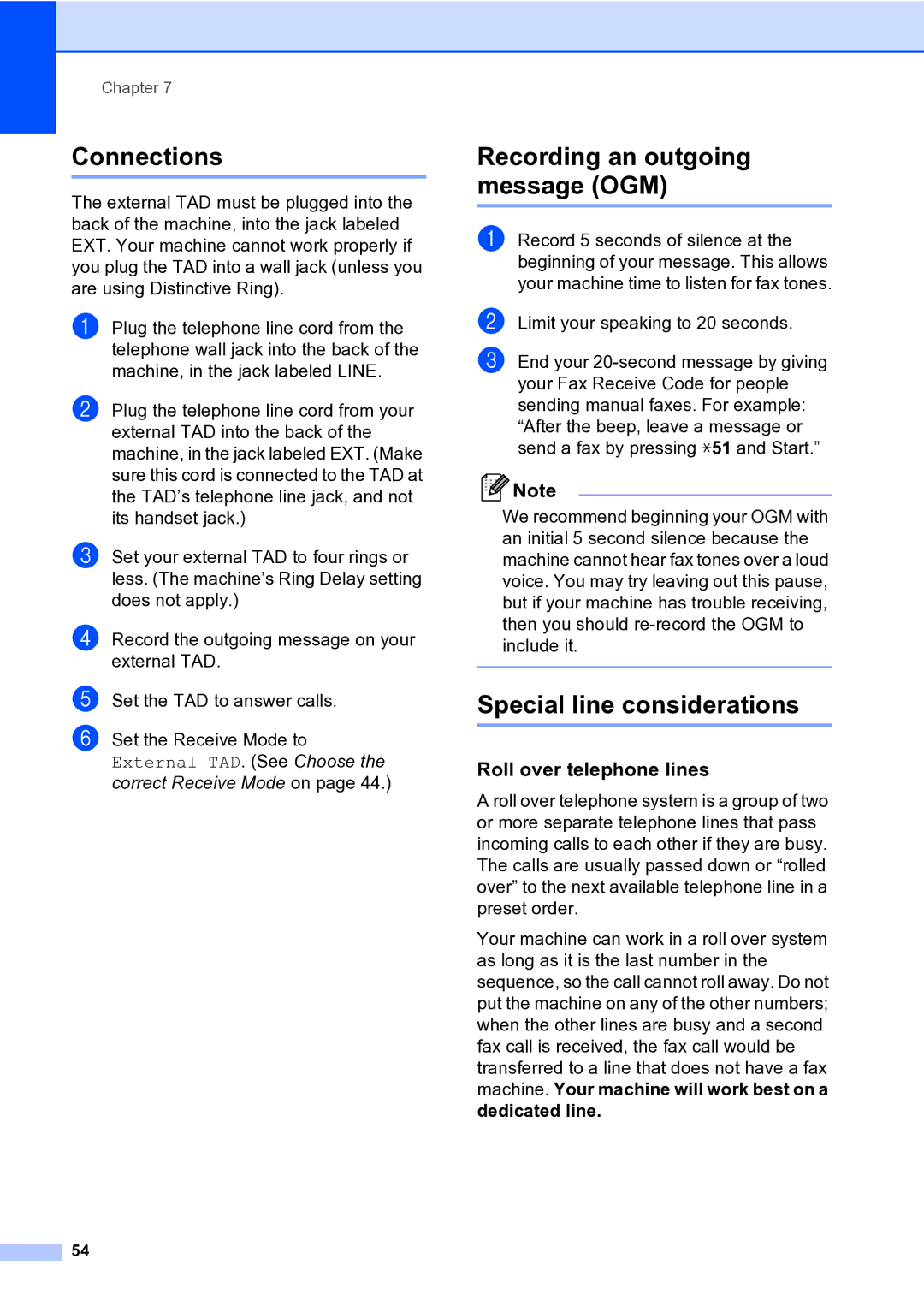 Brother MFC-9840CDW manual Connections, Special line considerations, Roll over telephone lines 