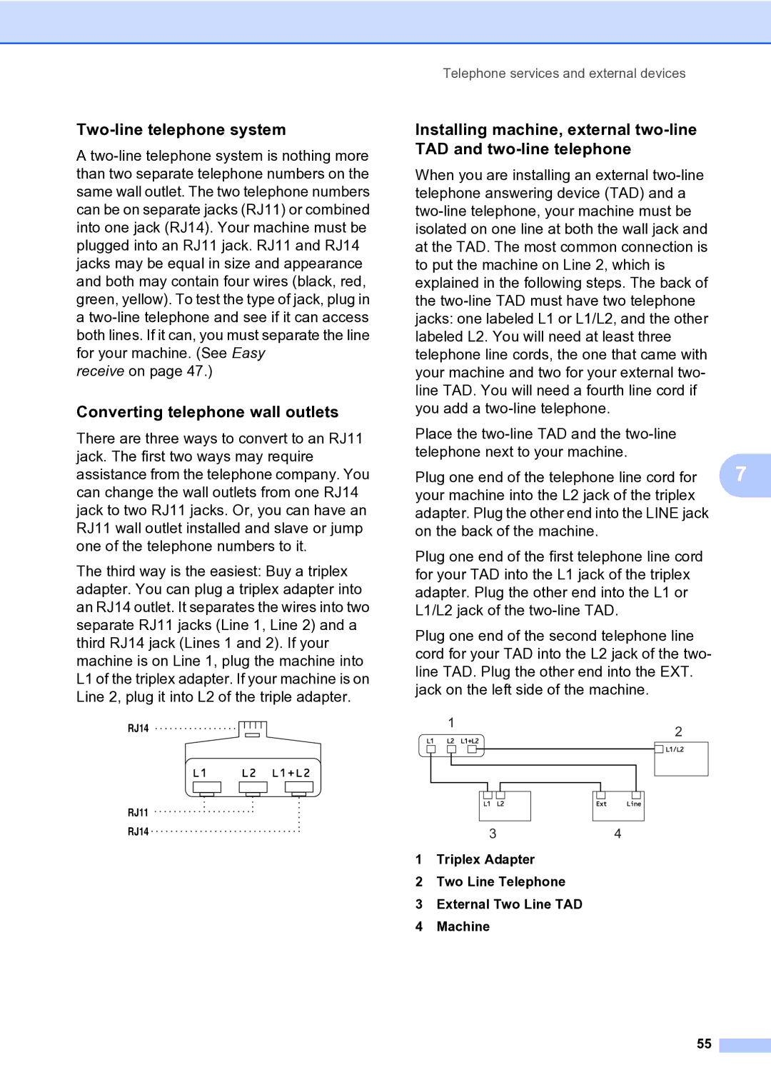 Brother MFC-9840CDW manual Two-line telephone system, Converting telephone wall outlets 