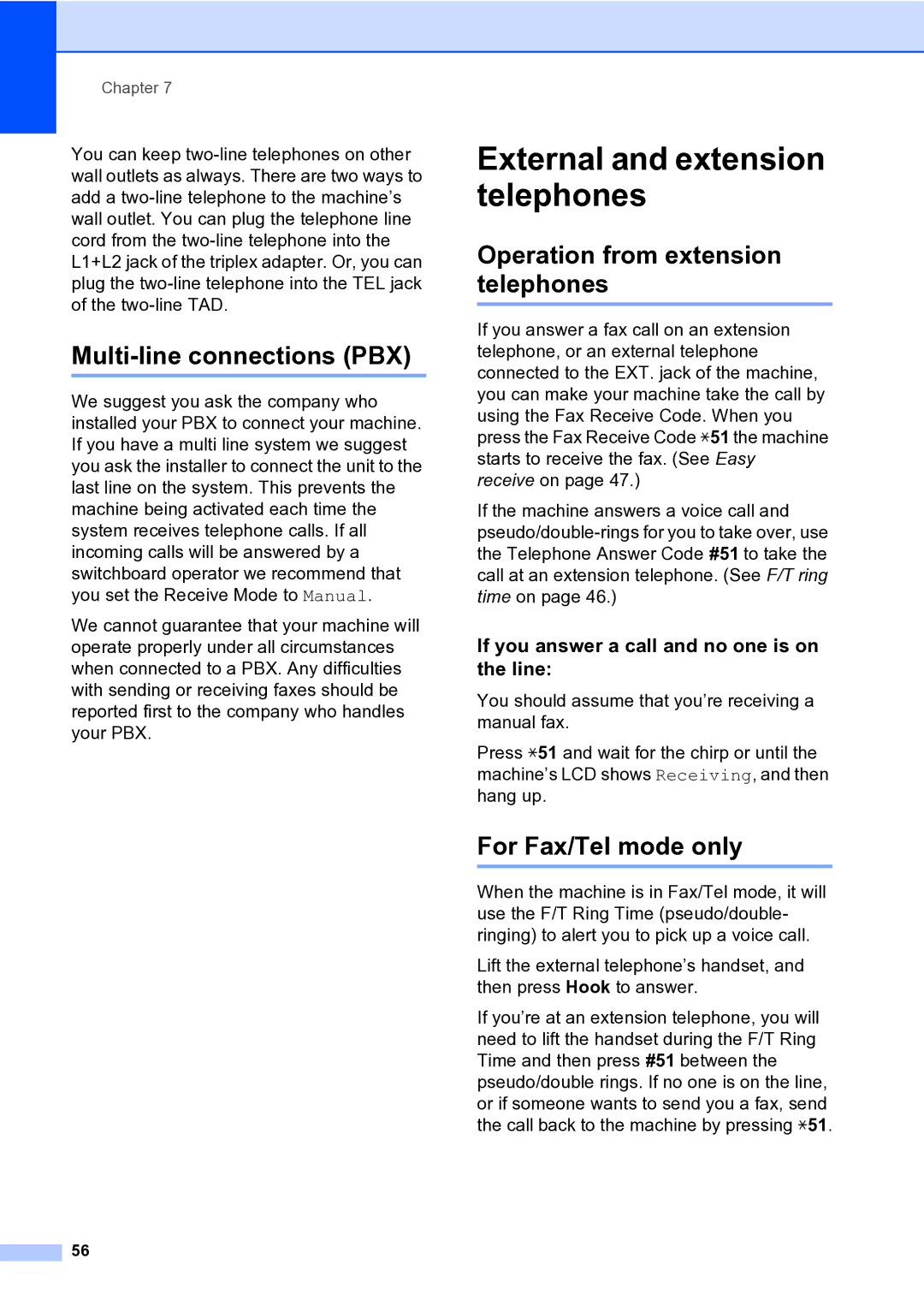 Brother MFC-9840CDW External and extension telephones, Multi-line connections PBX, Operation from extension telephones 