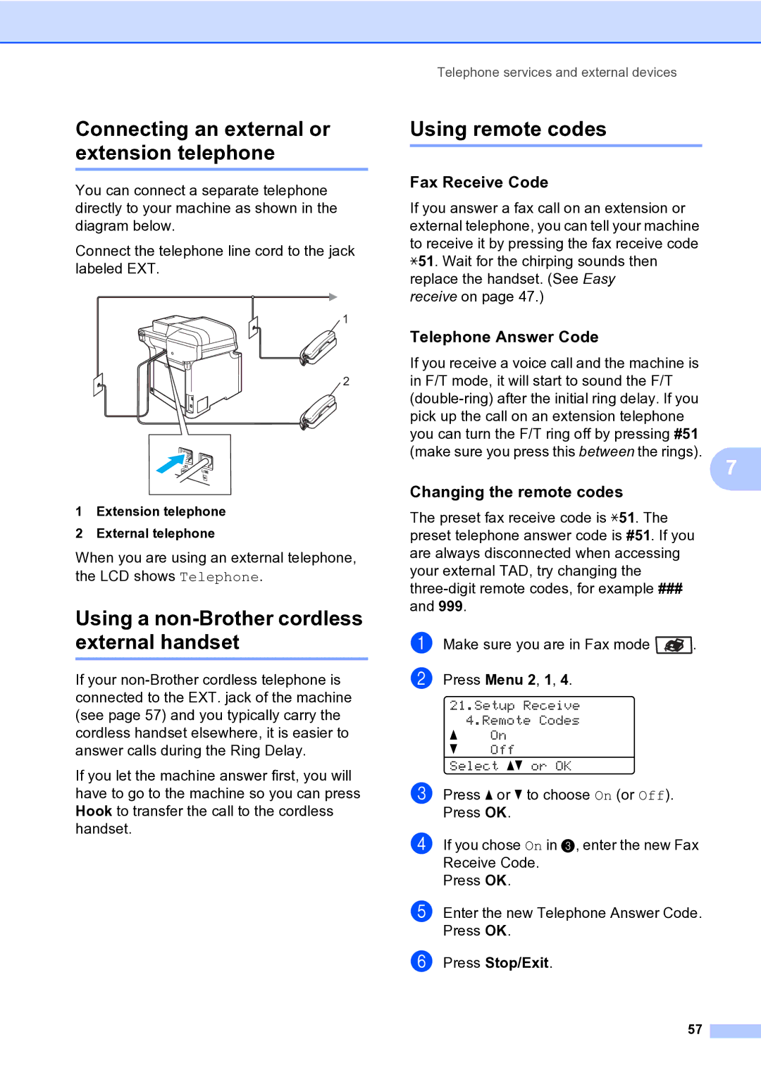 Brother MFC-9840CDW manual Connecting an external or extension telephone, Using a non-Brother cordless external handset 