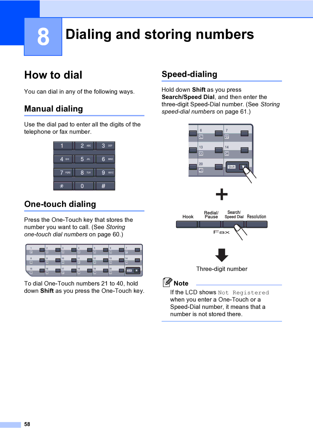 Brother MFC-9840CDW manual Dialing and storing numbers, How to dial, Manual dialing, One-touch dialing, Speed-dialing 