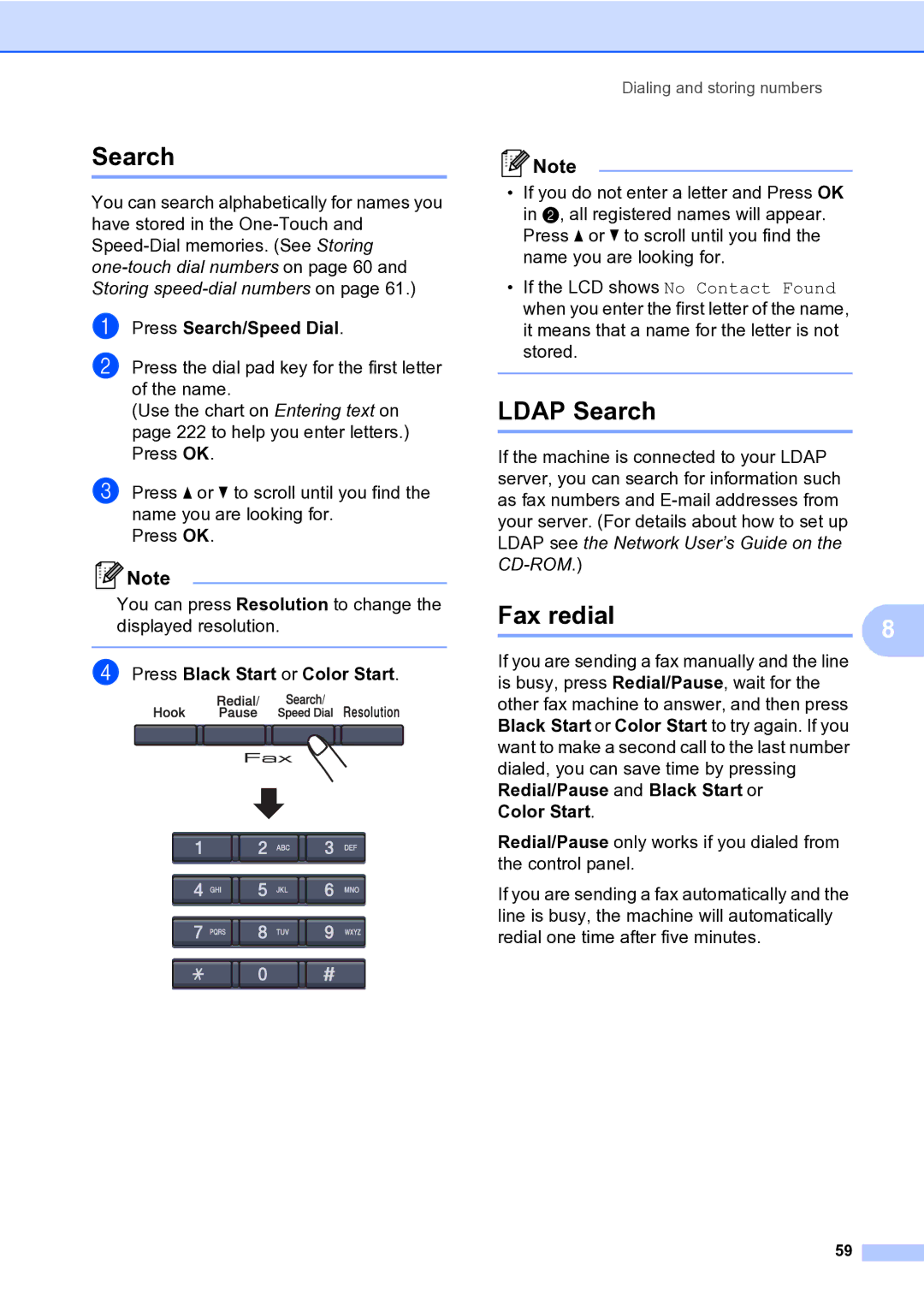 Brother MFC-9840CDW manual Ldap Search, Fax redial, Press Search/Speed Dial, Color Start 