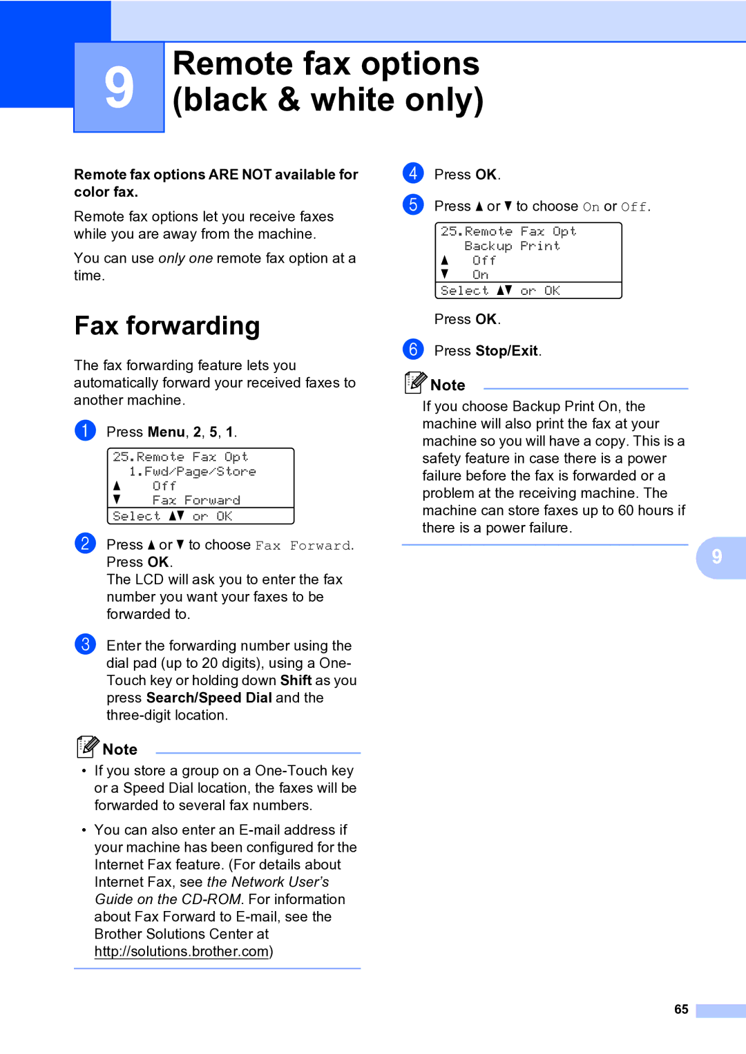 Brother MFC-9840CDW manual Remote fax options black & white only, Fax forwarding 