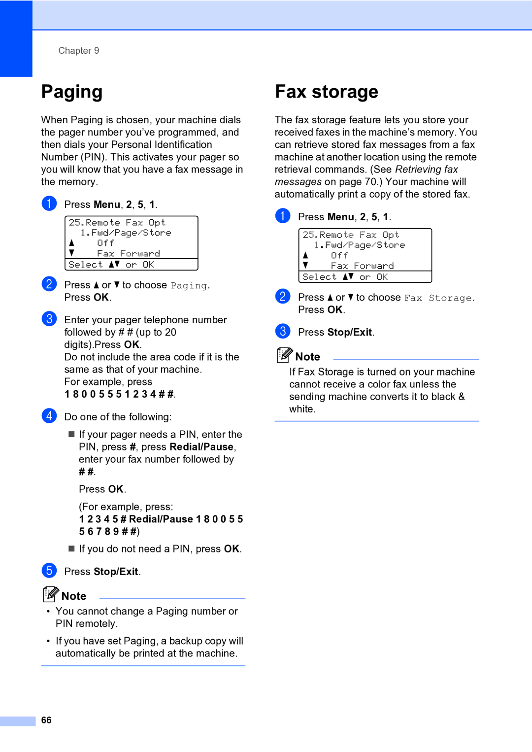 Brother MFC-9840CDW manual Paging, Fax storage, 0 0 5 5 5 1 2 3 4 # #, 3 4 5 # Redial/Pause 1 8 0 0 5 5 5 6 7 8 9 # # 