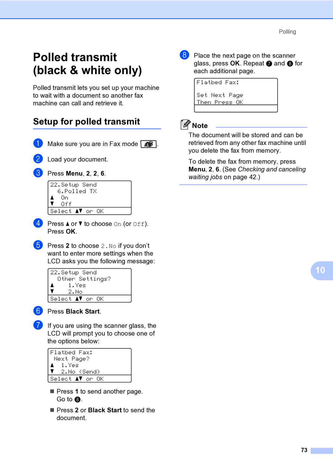 Brother MFC-9840CDW manual Polled transmit black & white only, Setup for polled transmit 