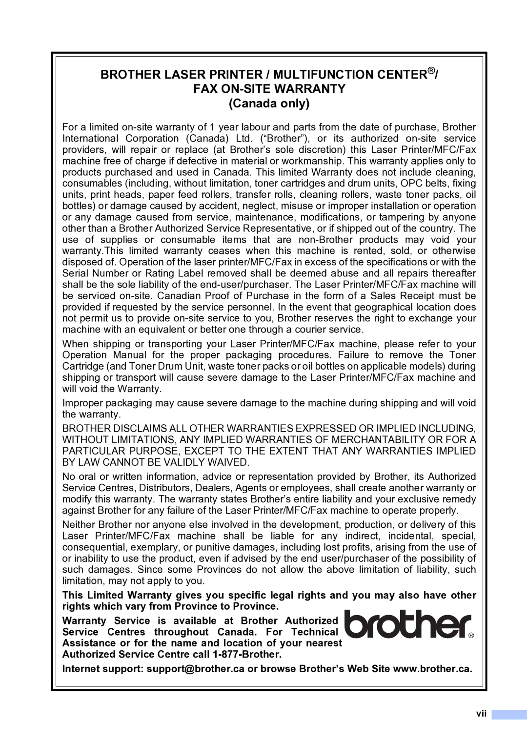 Brother MFC-9840CDW manual Canada only, Vii 