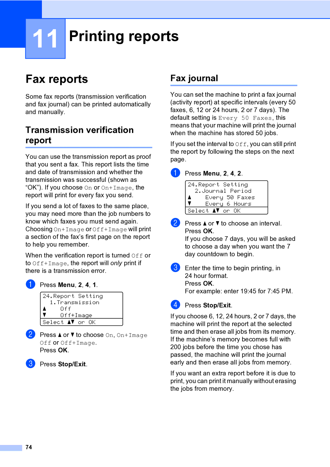 Brother MFC-9840CDW manual Printing reports, Fax reports, Transmission verification report, Fax journal 