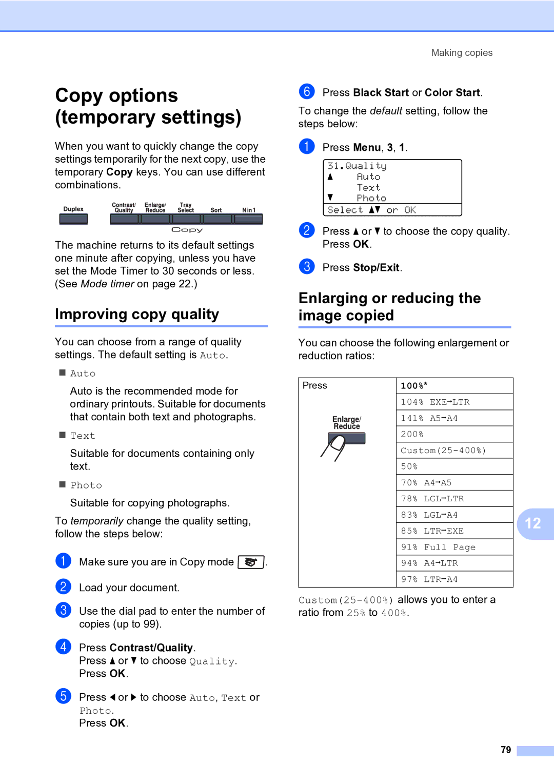 Brother MFC-9840CDW manual Copy options temporary settings, Improving copy quality, Enlarging or reducing the image copied 