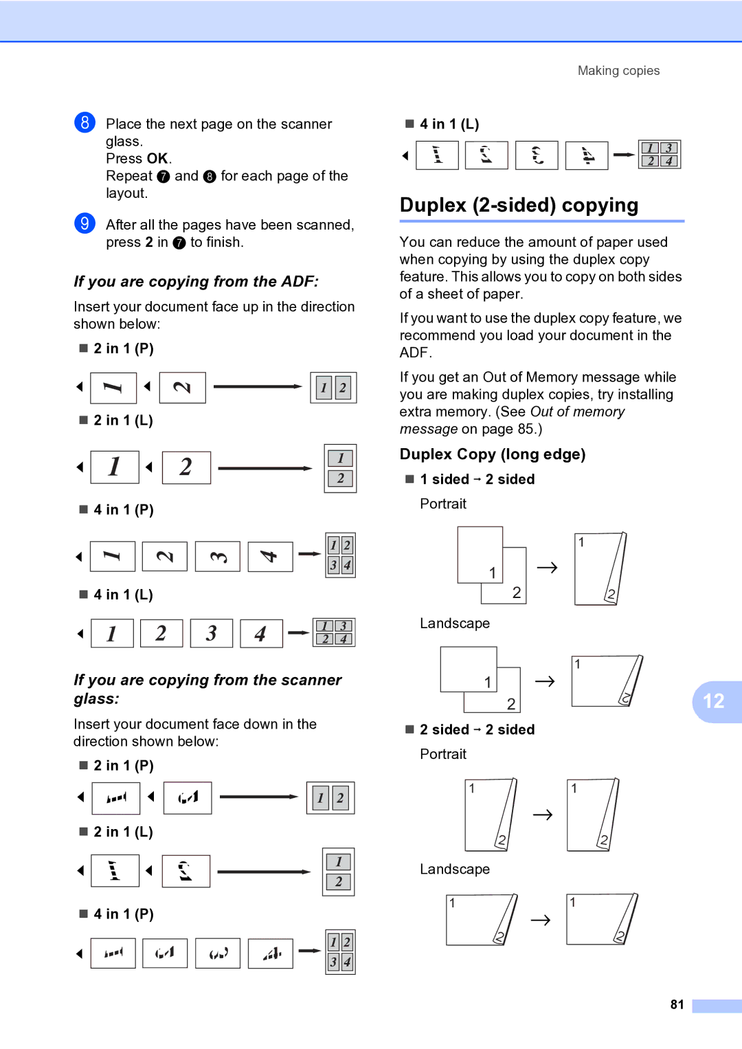 Brother MFC-9840CDW manual Duplex 2-sided copying, Duplex Copy long edge, „ 2 in 1 P „ 2 in 1 L „ 4 in 1 P „ 4 in 1 L 