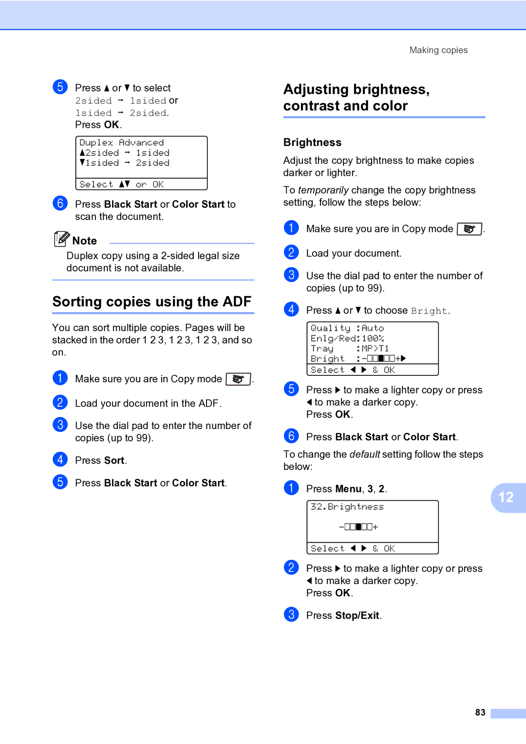 Brother MFC-9840CDW manual Sorting copies using the ADF, Brightness 