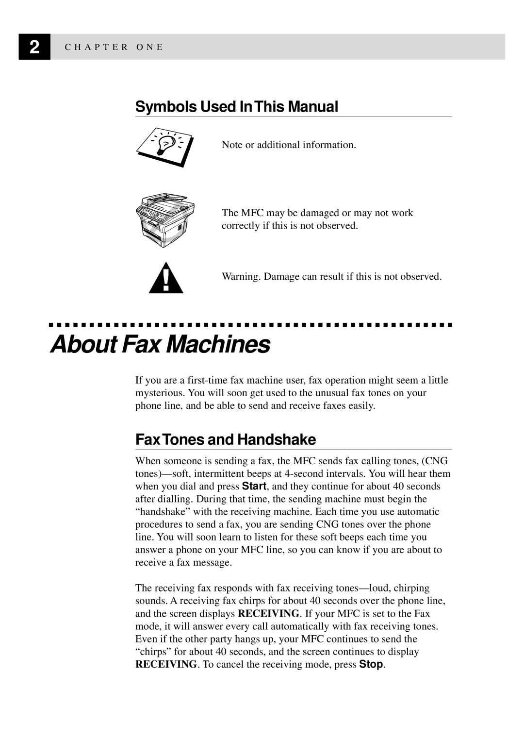 Brother MFC-9870 manual About Fax Machines, Symbols Used In This Manual, Fax Tones and Handshake 